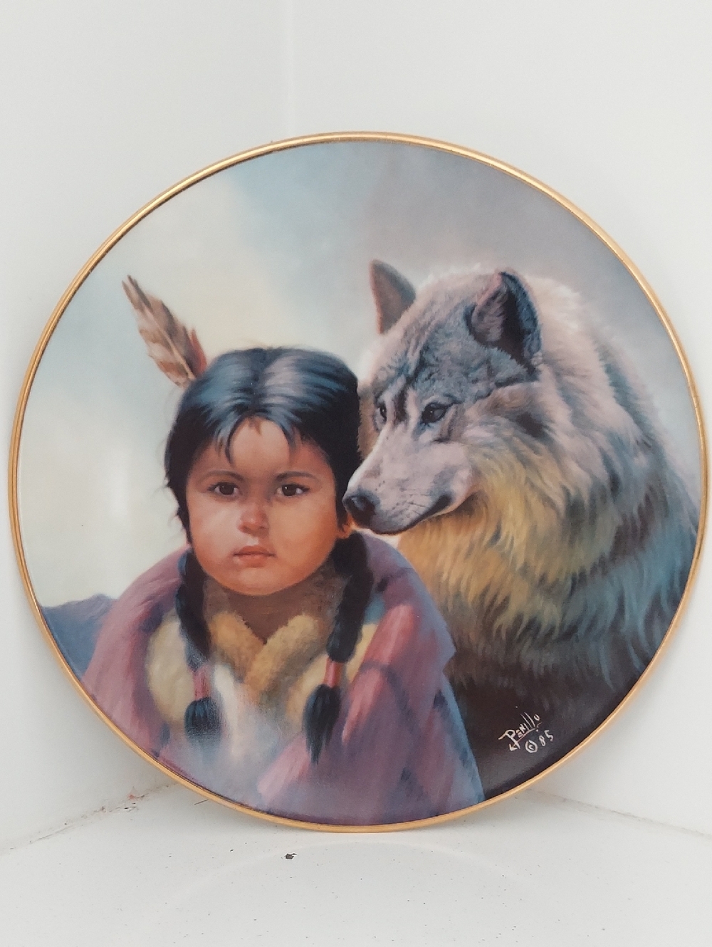 Decorative Native Child and Wolf Collector Plate - White, Gray, Gold Accents
